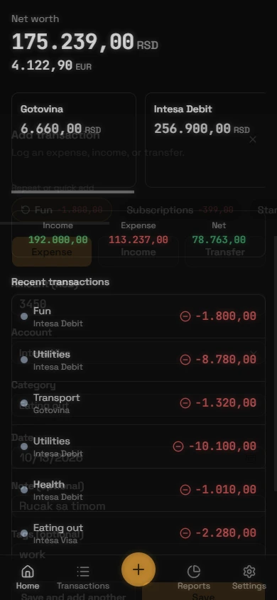 Dinero add transaction form on a phone, with account, category, note and tags