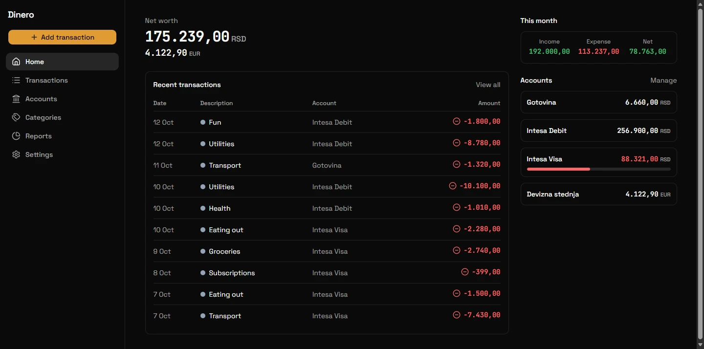 Dinero home screen on desktop, with accounts and recent transactions
