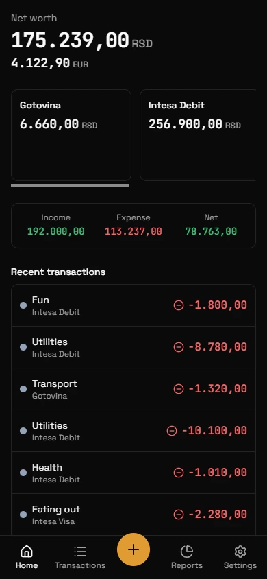 Dinero home screen on a phone, with net worth in RSD and EUR and recent transactions