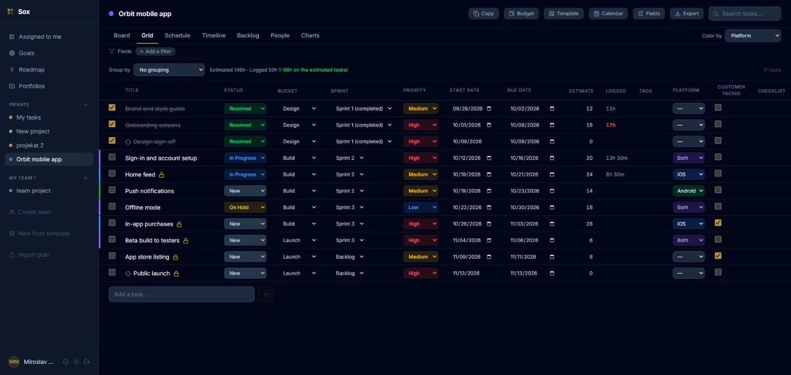 SOX grid with estimated and logged hours and custom fields for platform and customer facing